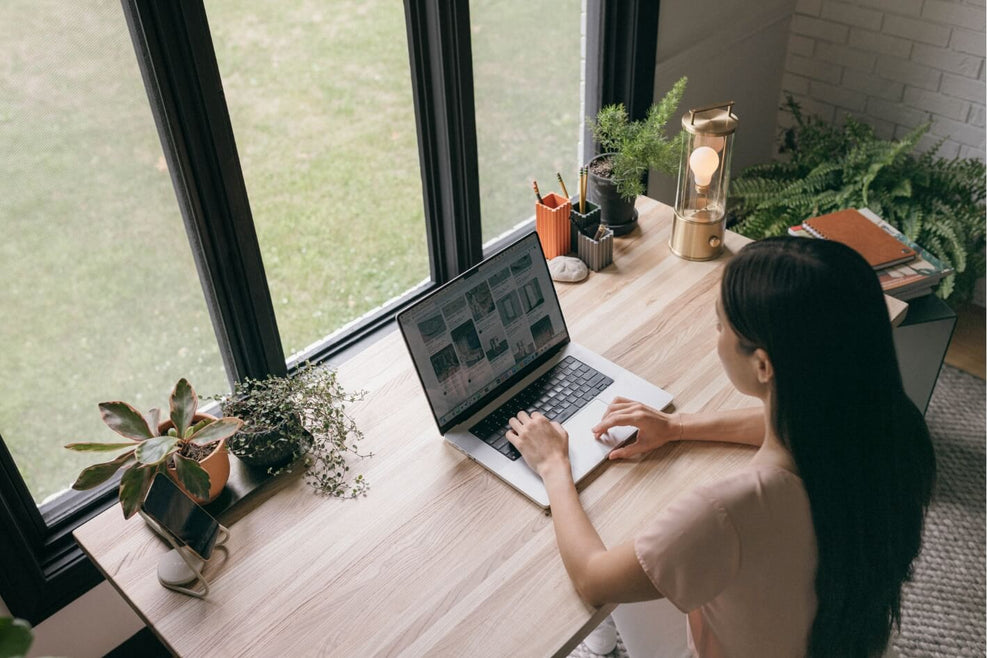 Elements Laminate Desk -  Desert Rose in lifestyle shot